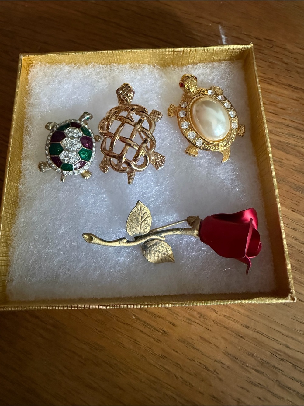 Gold-Tone Turtle and Red Rose Brooch Set - Women Jewelry